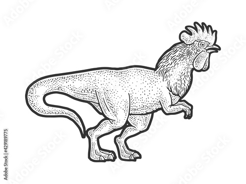 rooster headed tyrannosaurus dinosaur bird sketch engraving vector illustration. T-shirt apparel print design. Scratch board imitation. Black and white hand drawn image.