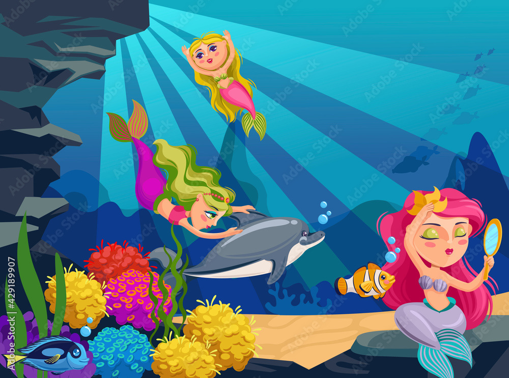 Mermaid underwater. Cartoon ocean deep world with fishes, seaweeds and cute  mermaids and dolphin. Undersea bottom vector background. Fairy tale magical  characters looking into mirror, having fun Stock Vector | Adobe Stock