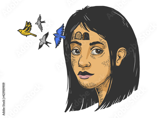 Birds fly out of girl forehead color sketch engraving vector illustration. Scratch board style imitation. Hand drawn image.