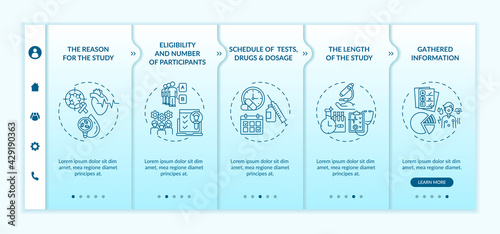 Study protocol onboarding vector template. Responsive mobile website with icons. Web page walkthrough 5 step screens. Participants number, drugs dosage schedule color concept with linear illustrations
