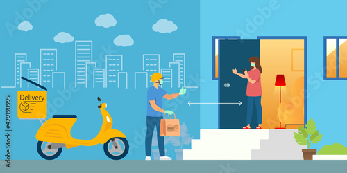 Online Delivery Order Messenger Carry Bag, Helmet, Mask and Glove Deliver Hamburger French Fries to Buyer by Keeping Distance for Safety Social Distancing to Protect Coronavirus Covid-19 for Receiver