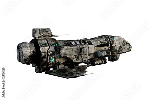 Fototapeta Naklejka Na Ścianę i Meble -  3D rendering of a dirty old sci-fi space ship isolated on white with rear side view.