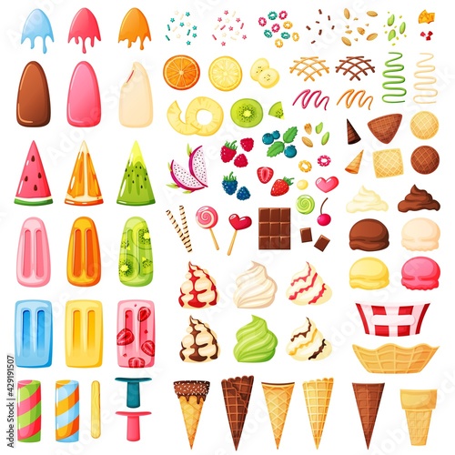 Ice cream constructor. Various flavors, cones, toppings, sprinkles to make your ice cream. Vanilla, chocolate sundae, strawberry fruit ice, popsicle. Vector dessert elements set. Dairy products