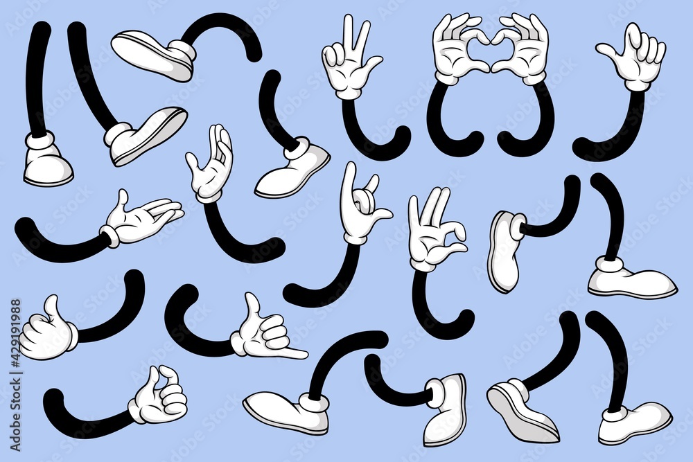 Cartoon legs and hands. Leg in white boots and gloved hand, comic feet in  shoes and arm with various gestures. Vector mascot elements. Waving and  showing heart with hands, walking foot Stock