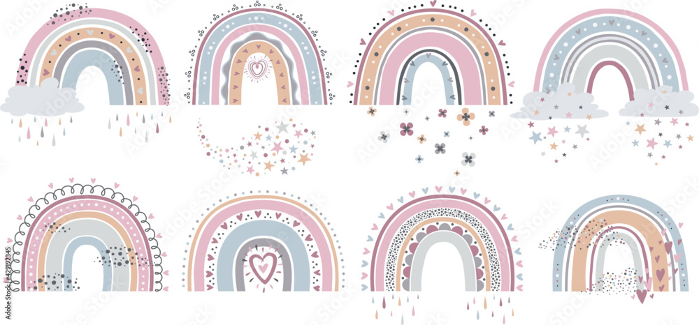 Scandinavian rainbow. Cartoon rainbows with clouds, flowers and stars in pastel colors for kids textile, wallpaper isolated vector set. Isolated elements for childish or nursery design - obrazy, fototapety, plakaty 