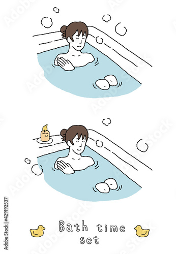 入浴する女性のイラストレーションセット