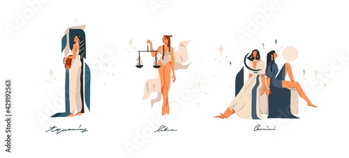 Hand drawn vector stock abstract graphic illustrations with zodiac astrological contemporary air signs collection set,beauty magic female characters,clipart boho design isolated on white background