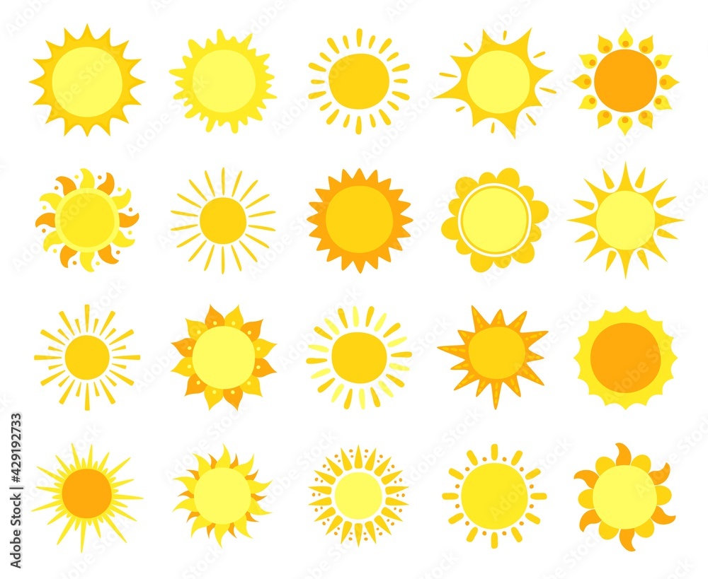 Sun icons. Sunshine, hot summer and sunrise symbols, gold sunlight circles, solar and sunny weather signs vector set. Shining sun rays and beams of different shape for sunrise or sunset