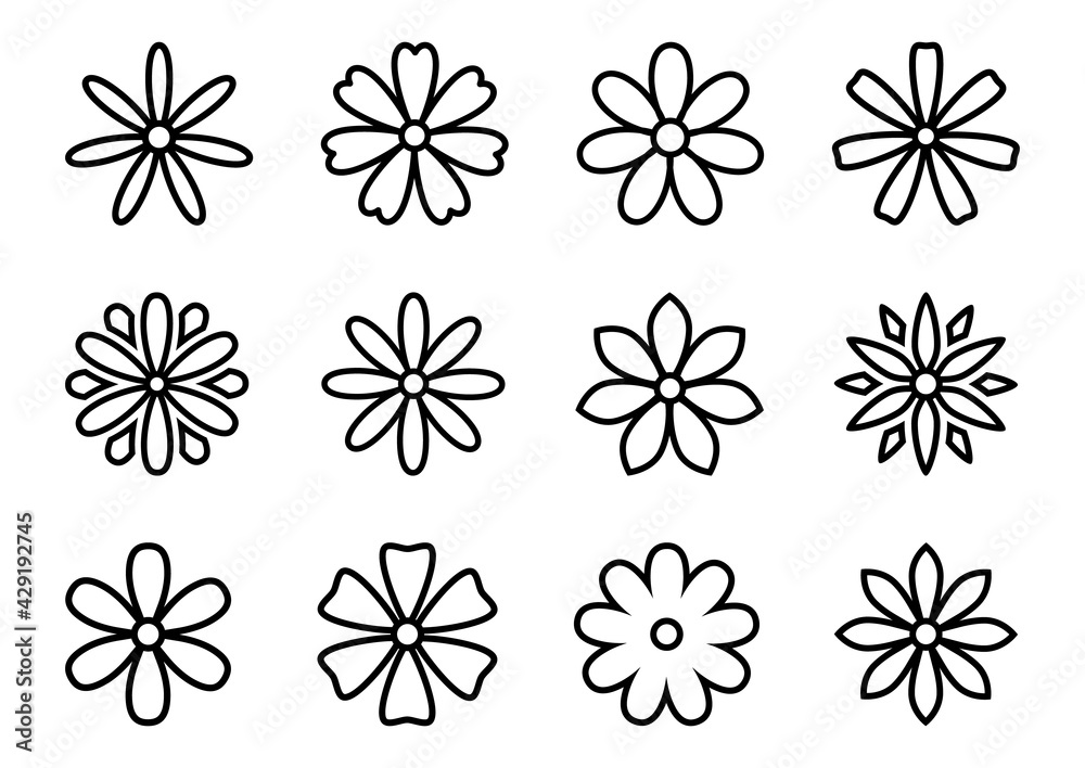 Vector set with silhouettes Daisy or Camomile flowers illustration on white background. Outline blossom daisy chamomile icons in cartoon flat design. Different shapes round flower plant collection. Vector set with silhouettes Daisy or Camomile flowers illustration on white background. Outline blossom daisy chamomile icons in cartoon flat design. Different shapes round flower plant collection.