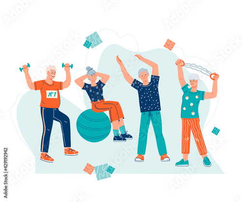 Elderly senior people doing sport exercises, flat vector illustration isolated on white background. Active seniors men and women do sport fitness workout at decorative abstract backdrop.