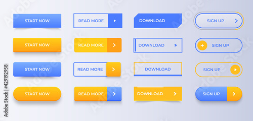 Set of web and ui application color buttons. Element design for website. Action buttons collection for navigation website