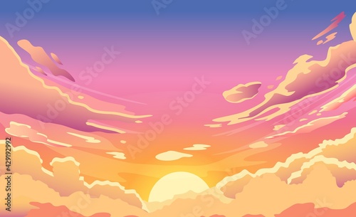 Sunset sky. Cartoon summer sunrise with pink clouds and sunshine, evening cloudy heaven panorama. Morning vector landscape. Beautiful cloudscape with fluffy cumulus, colorful twilight