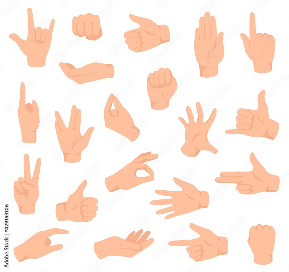Flat hands. Man hand with various gestures and fist. Open palm victory and thumbs up, pointing finger sign. Holding and giving arm vector set. Body language signals for communication