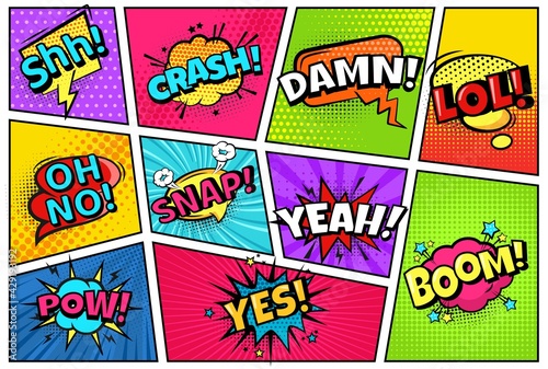 Comic book page. Hero layout with frame and speech bubbles with comic words. Crach  pow  yes and snap vector pop art cartoon template. Emotion expression lol  oh no sounds for magazine