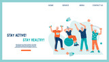 Elderly people sport activity and health website banner concept, cartoon vector illustration. Webpage interface with elderly senior active people cartoon characters doing sport exercises.