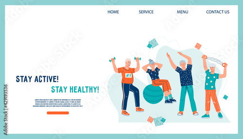 Elderly people sport activity and health website banner concept, cartoon vector illustration. Webpage interface with elderly senior active people cartoon characters doing sport exercises.