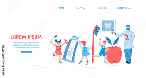 Pediatric dentistry website banner with doctor giving dental care advices to little kids, cartoon vector illustration. Children dentistry landing page design with cute characters. 