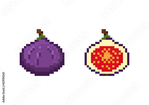 Pixel fig fruit. Pixel art fig and half fig fruit icons set. 8 bit retro exotic fruit design vector.