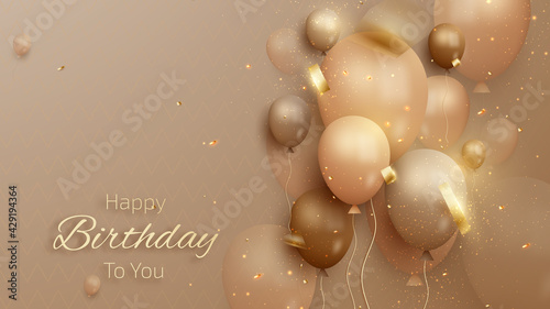 Happy birthday card with luxury balloons and ribbon. 3d realistic style. vector illustration for design.