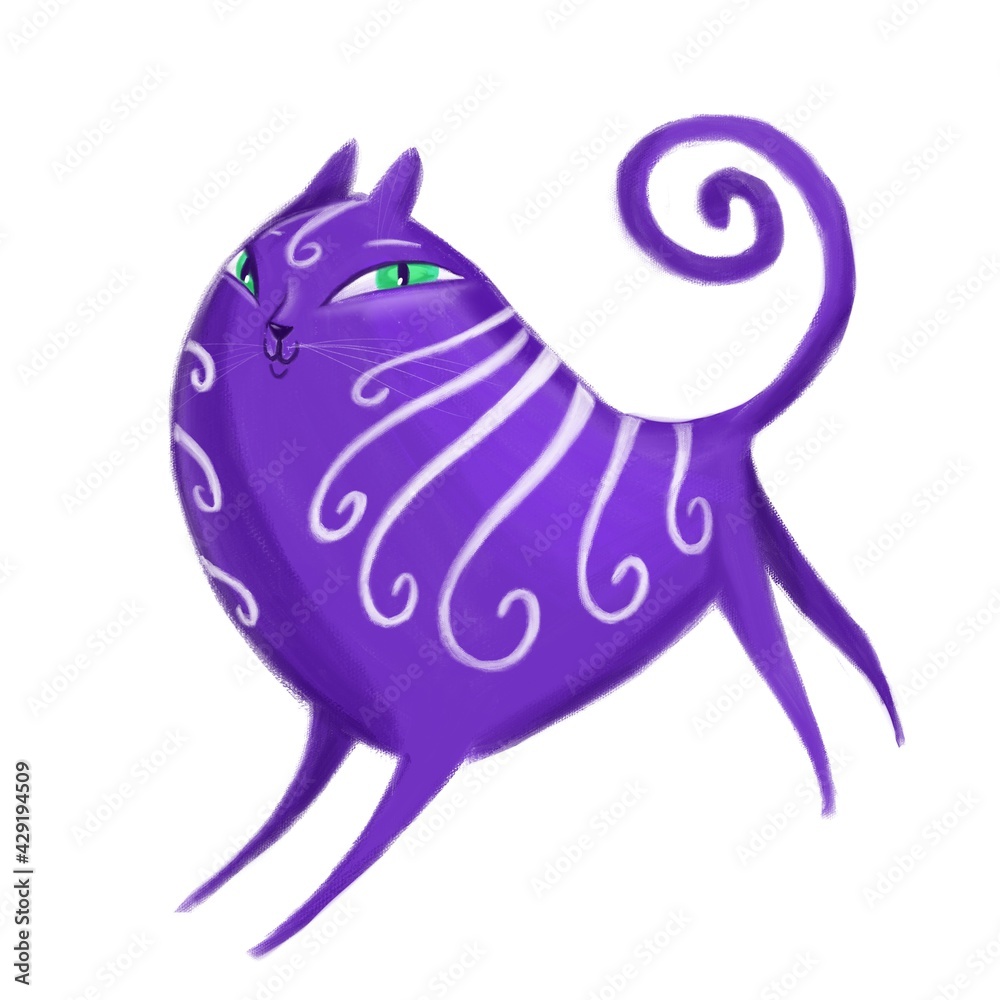 Purple funny cat runs funny twisting its ponytail