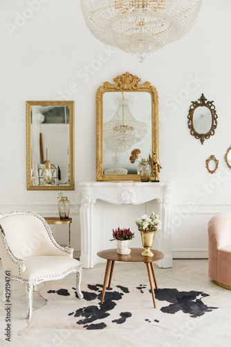 Obraz na płótnie Stylish modern interior of the bright living room with a fireplace and vintage mirrors w salonie