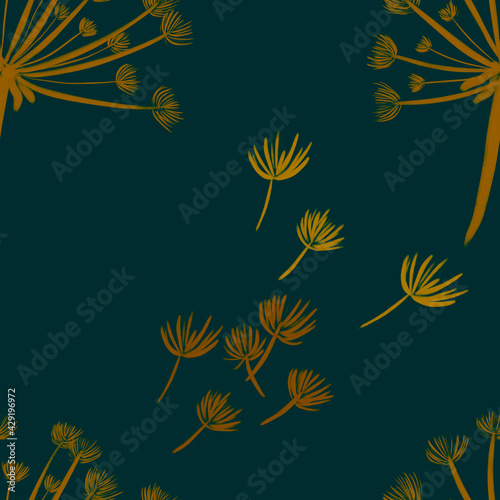 seamless pattern with hand-drawn yellow with gradient dandelions on blue background. packaging, wallpaper, textile, kitchen, utensil, fashion design	
