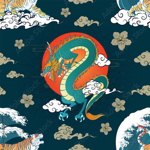 Seamless Art Japanese Repeat Pattern of Flying Dragon with Ferocious Tiger Looking Up with Torrential Wave and Curve Cloud on Deep Blue Water Wave Repeat Pattern Dark Green Background Vector Design