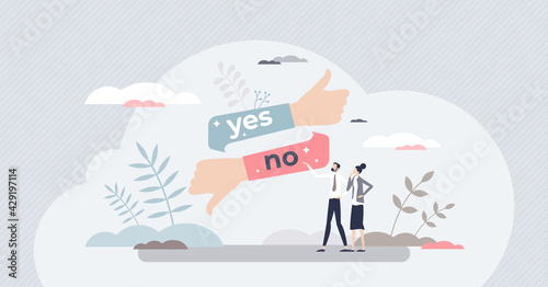 Yes or no answer to asking question as choice decision tiny person concept. Compare, choose one and select correct option vector illustration. Thumbs up or down as feedback voting gesture evaluation.