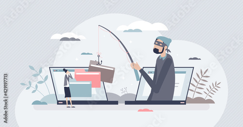 Online fraud and internet crime hacker steals information tiny person concept. Personal data phishing with virus scam victim vector illustration. Security and safety leak and privacy attack risk.