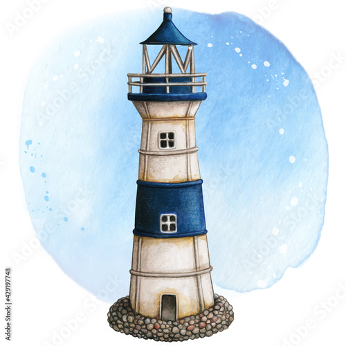 Watercolor hand painted lighthouse rusty white and blue