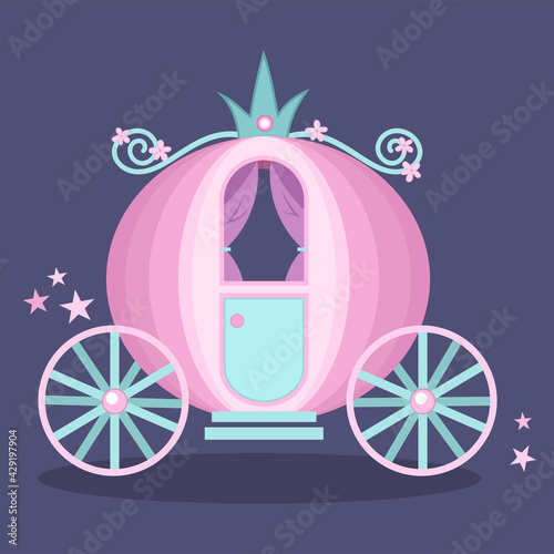 Cute pink cinderella princess carriage with floral decoration and stardust cartoon vector illustration. Medieval kingdom transport.