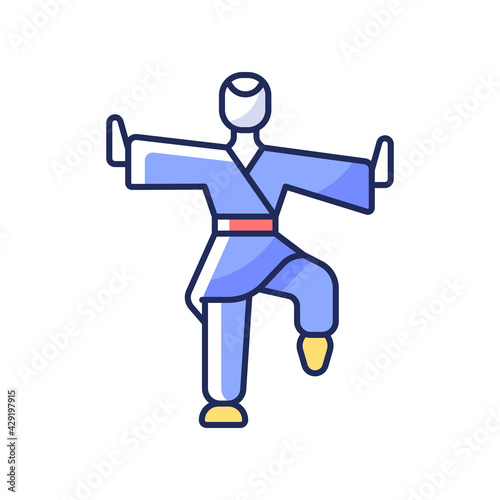 Kung Fu RGB color icon. Martial arts training. Karate class. Traditional fighting. Chinese athlete. Japanese fighter. Taekwondo pose. Asian national sport. Isolated vector illustration