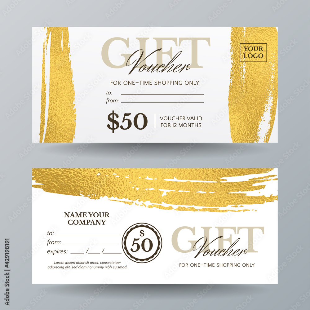 Set of vector stylish gift vouchers with golden paintbrush strokes. Template for gift card, coupon and certificate with texture of gold shiny foils. Isolated from background. - obrazy, fototapety, plakaty 