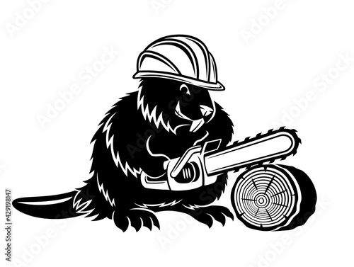 Beaver icon with chainsaw on white background.