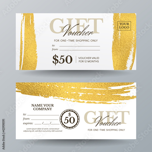 Set of vector stylish gift vouchers with golden paintbrush strokes. Template for gift card, coupon and certificate with texture of gold shiny foils. Isolated from background.