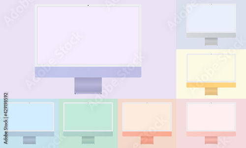 Realistic new 2021 colors computer monitor mock up with blank frameless screen - front view. Vector illustration
