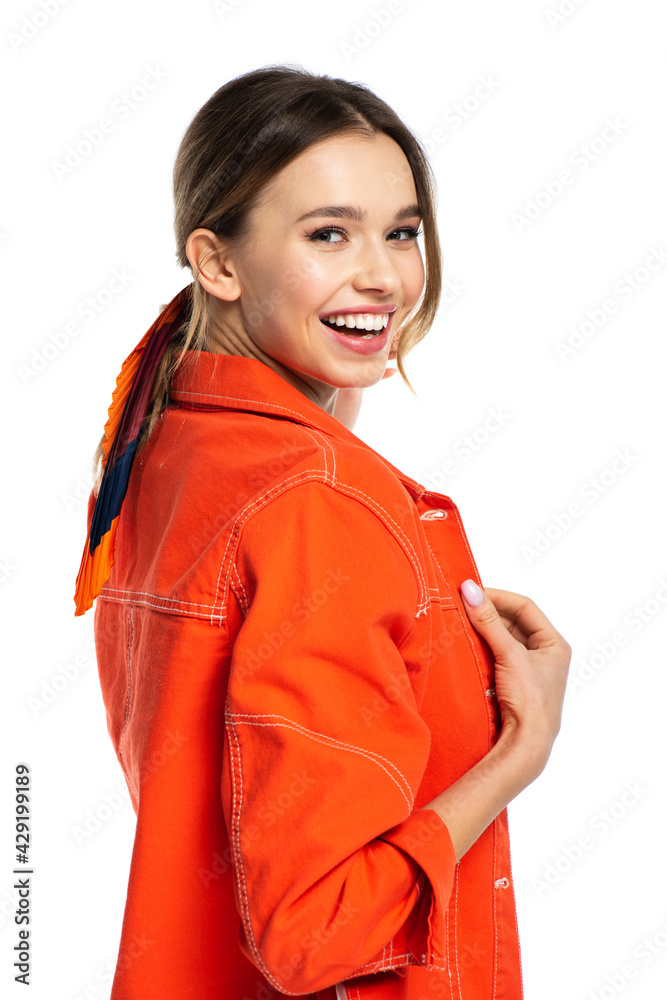 happy woman in orange shirt isolated on white happy woman in orange shirt isolated on white