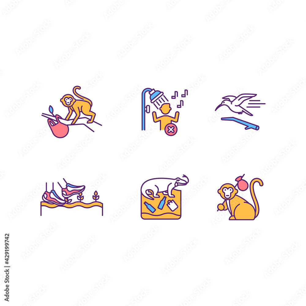 Fototapeta premium Green tourism RGB color icons set. Exotic animals natural livivng environment. Spending vacation in beautiful and interesting places. Isolated vector illustrations