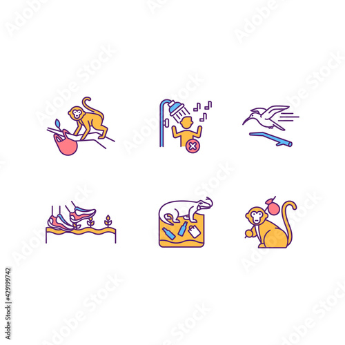 Green tourism RGB color icons set. Exotic animals natural livivng environment. Spending vacation in beautiful and interesting places. Isolated vector illustrations