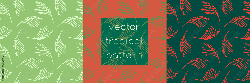 Obraz premium Bright tropical pattern with palm leaf ornament. Vector palm leaves seamless pattern design. Floral graphics for tropical spa, beauty studio banner, botanical background, vivid exotic leaf pattern.