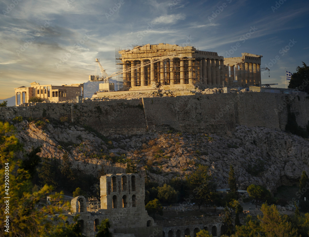 Fototapeta premium dramatic sky over Athens Greece, Parthenon ancient temple scenic view