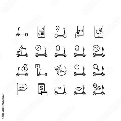 Kick scooter and electric scooter flat line icons set. Rental, sharing service, mobile app, parking, eco transport, pointer simple vector illustration. Outline sign for mobile concept and web design