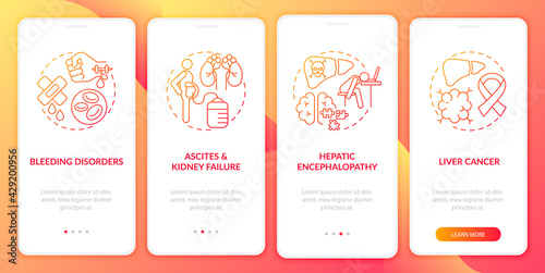 Liver fatal outcome onboarding mobile app page screen with concepts. Kidney failure, cancer walkthrough 4 steps graphic instructions. UI, UX, GUI vector template with linear color illustrations