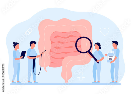 Gut organ medical checkup, health intestine and digestive. Doctor examining gastrointestinal tract. Medical gut disease treatment. Vector illustration