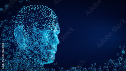 Human face formed by the fusion of atoms. 3D rendering.