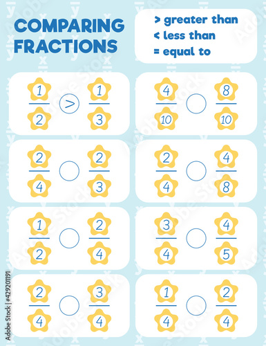 Comparing fractions worksheet, math practice print page. Count and write.