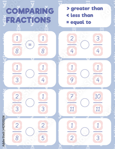 Comparing fractions worksheet, math practice print page. Count and write.