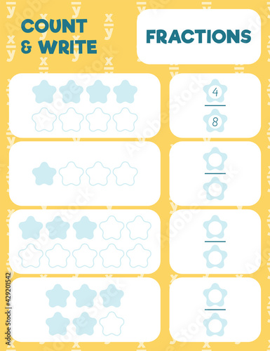 Fractions worksheet, math practice print page. Count and write.