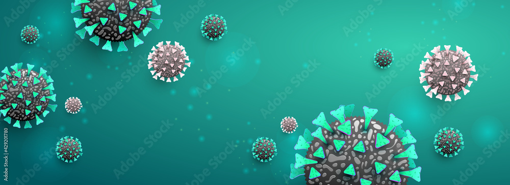 Covid-19. Coronavirus outbreak design with virus cell in microscopic on blue green background. illustration template vector Covid-19. Coronavirus outbreak design with virus cell in microscopic on blue green background. illustration template vector