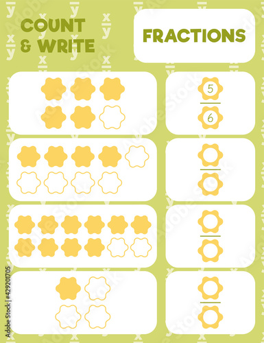 Fractions worksheet, math practice print page. Count and write.